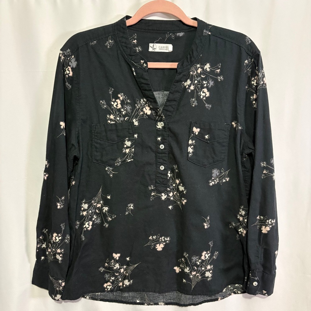Carve Designs Black Floral Organic Cotton Henley Blouse Top Womens Medium